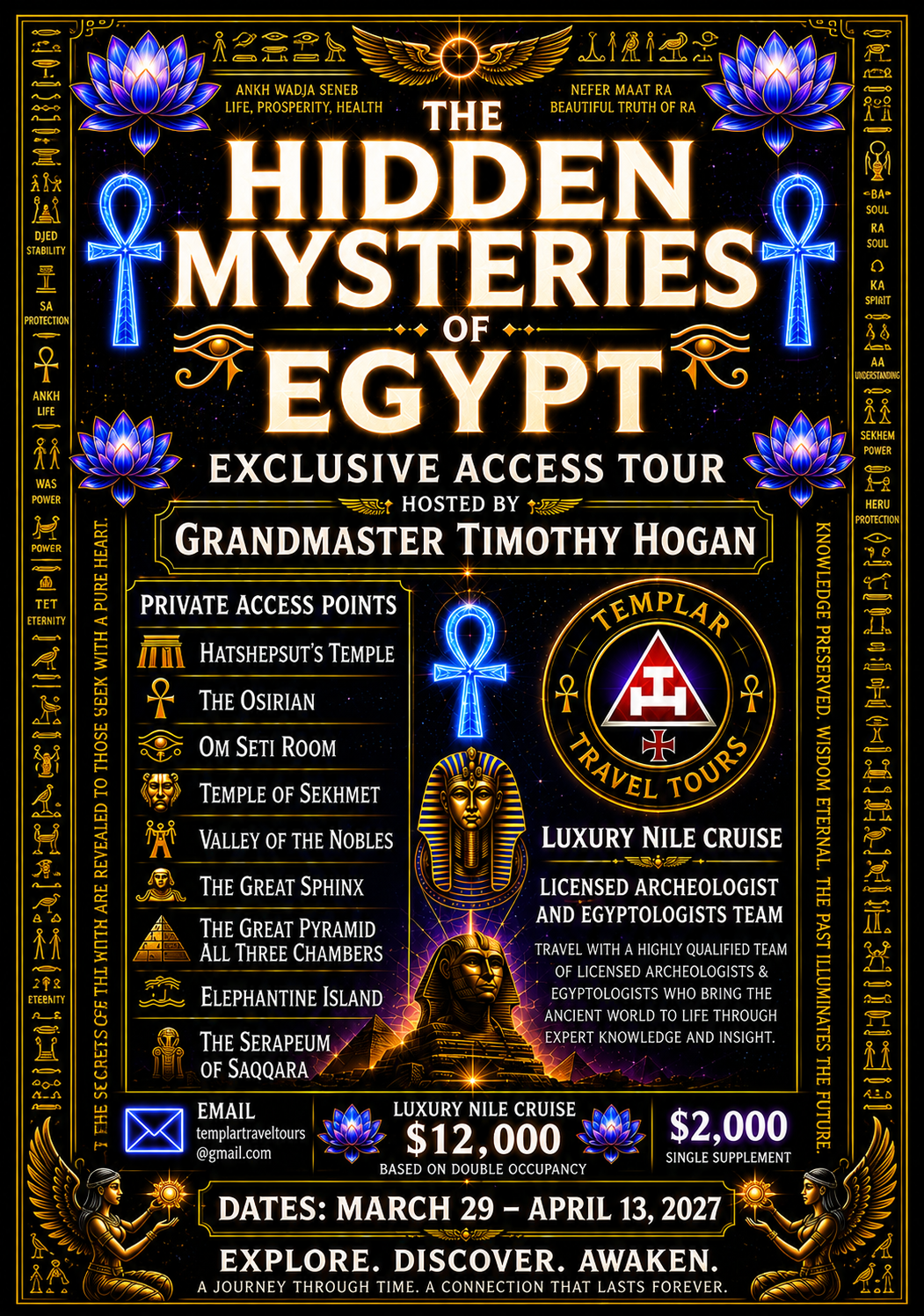 The Hidden Mysteries of Egypt exclusive access tour poster listing private access points, luxury Nile cruise, $12,000 price and March 29 – April 13, 2027 dates